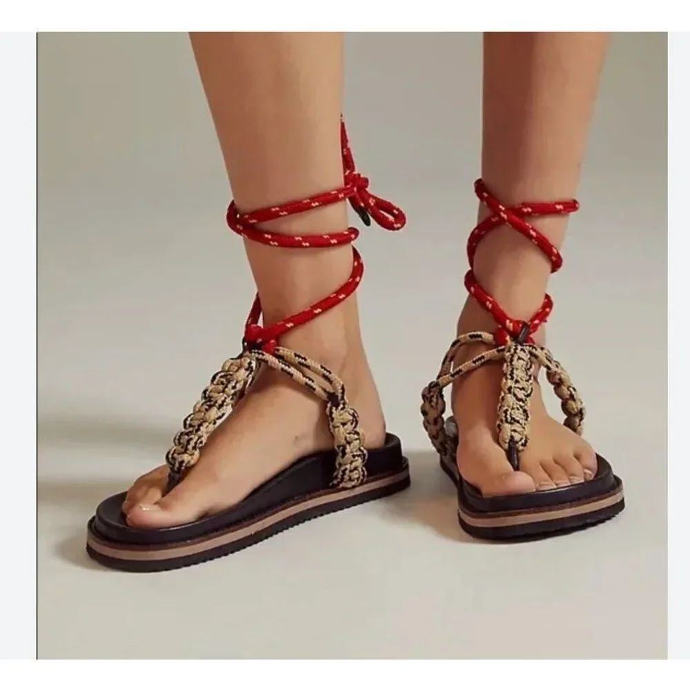 Anthropologie Womens Rope Thong Sandals Black White Red EU 38 US 7 New in Box